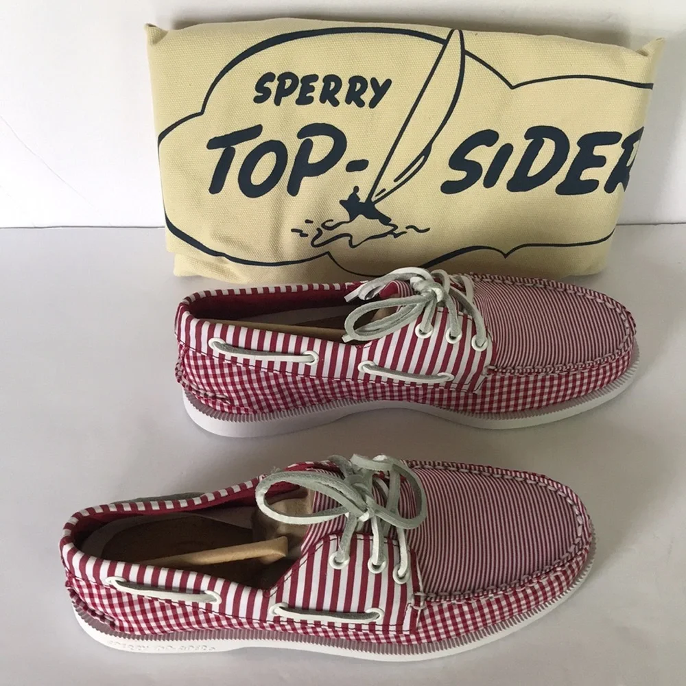 Sperry Leather 3-Eye Boat Shoe Red Gingham 7.5